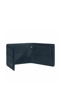 Cartera bicolor de piel negra abierta para mostrar las ranuras para tarjetas, un bolsillo con cremallera y un compartimento para monedas con tapa.
