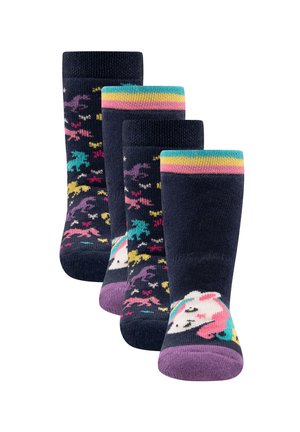 Four navy socks with colorful unicorns and rainbow stripes on the cuff and purple toes, arranged in a staggered row.