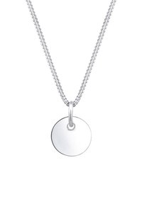 Silver chain necklace featuring a round, shiny pendant with a smooth surface and circular shape, attached via a small loop.