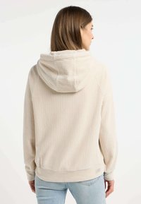 Cremefarbene Kapuzen sweatshirt mit vertikaler Rippenstruktur, weichem Stoff und schmalem Saum. Verfügt über eine große Kapuze und lange Ärmel.