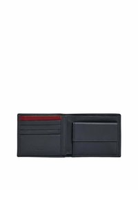 Cartera de cuero negro, diseño bifold, con múltiples ranuras para tarjetas, un compartimento grande y un acento rojo en el borde superior. Textura suave.