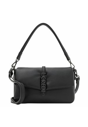 Sac à main en cuir noir avec un design structuré, doté d'une poignée supérieure et d'une bandoulière réglable. Détail du logo en relief notable au centre.
