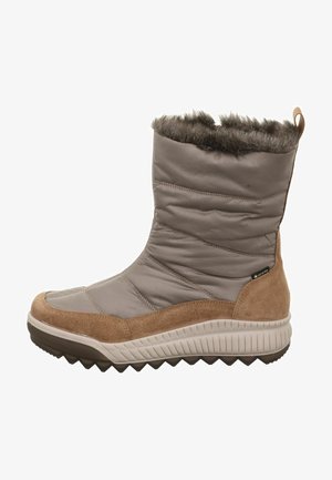 Braune und graue isolierte Stiefel mit einem gesteppten Obermaterial, Kunstfellbesatz, Wildlederakzenten und einer strukturierten Gummisohle. Verfügt über eine Schlaufe an der Rückseite.