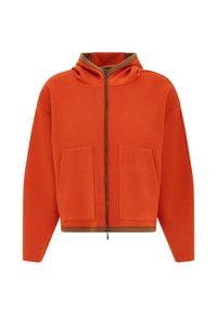 Ljusorange hoodie med dragkedja fram, säkrade fickor och en brun accent på den inre kragen. Har en avslappnad, kort design.