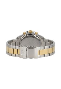 Orologio cronografo con bracciale in acciaio inossidabile bicolore e oro, cassa rotonda, corona dorata e fondo inciso con dettagli sulla resistenza all'acqua.
