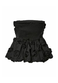 Czarny top bez ramiączek z marszczonym gorsetem i teksturowanym satynowym materiałem. Posiada rozszerzaną spódnicę ozdobioną aplikacjami z materiałowych róż.