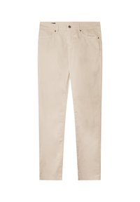 Beige katoenen chinos met een slanke pasvorm, voorzien van zijzakken, een knoopsluiting aan de voorkant en subtiele stikseldetails. Gladde textuur en een strak ontwerp.