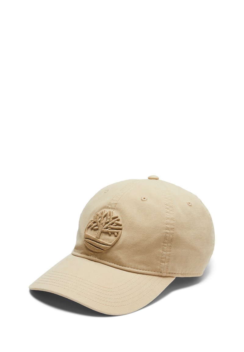 Khaki bomulds-baseball cap med et broderet trælogo på fronten, buet skygge og justerbar rem bagpå.