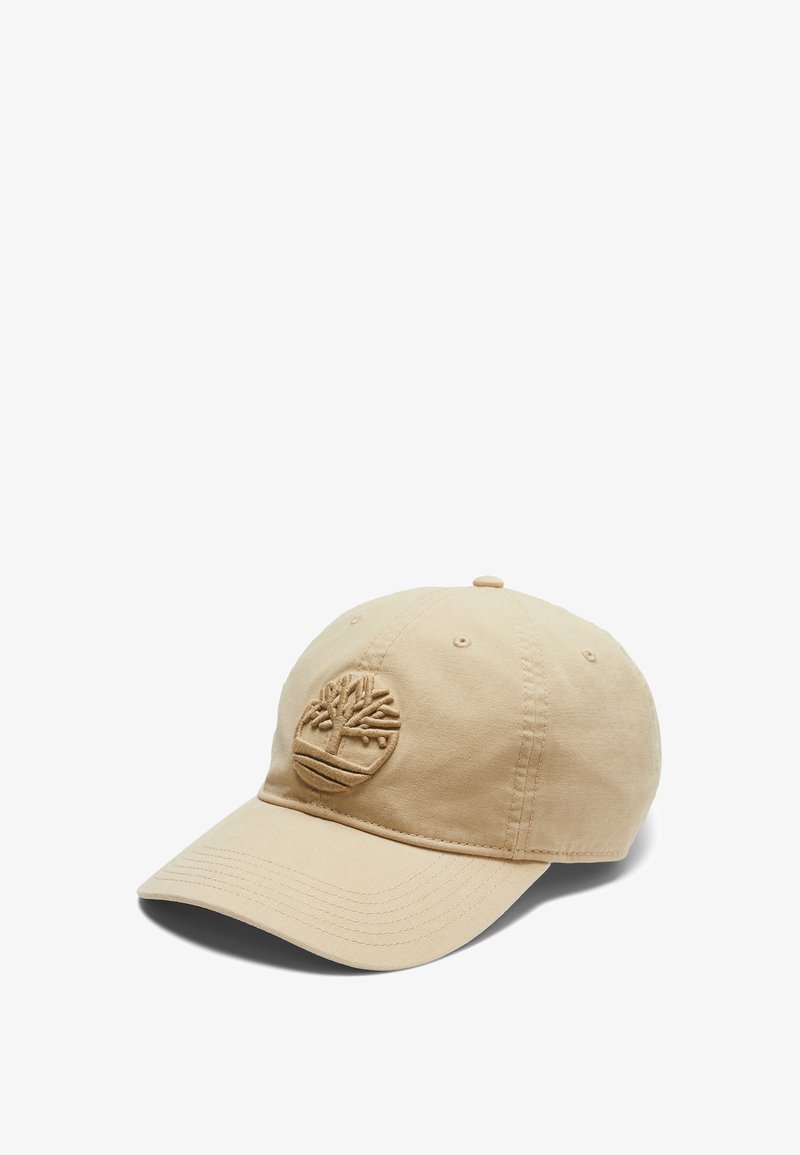 Cappello da baseball in cotone khaki con logo ad albero ricamato sul davanti, visiera curva e cinturino regolabile sul retro.