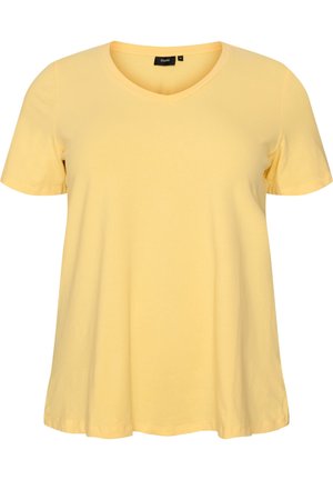 Lysegul t-shirt med korte ærmer, V-hals og sort størrelseslabel, løs pasform, ensfarvet design.