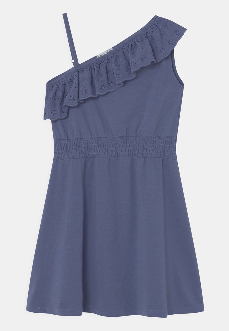 Vestido de un solo hombro en algodón azul oscuro, con un borde con volantes y cortes de ojales, cinturilla elástica y falda fluida.