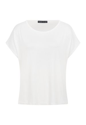 Effen wit blouse met korte mouwen, ronde halslijn en een ontspannen pasvorm, met het label "Cloud Five" in de binnenkraag.