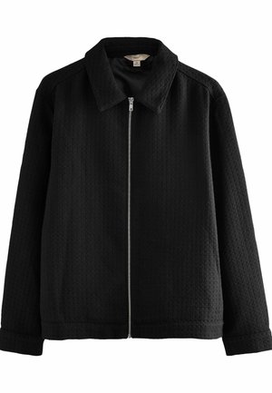 Schwarze Zip-Up-Jacke aus strukturiertem Stoff, mit Kragen, langen Ärmeln und geradem Schnitt. Verfügt über einen zentralen Reißverschluss.