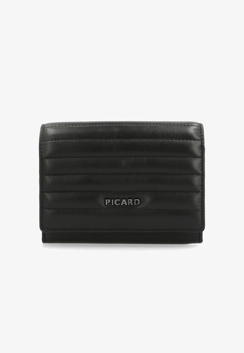 Black leather wallet with horizontal stitching, a smooth texture, and a logo on the front. Compact rectangular shape with a fold-over design.