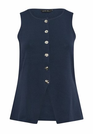 Marineblå ærmeløs strikket top med rund halsudskæring og seks metaltrykknapper foran, let udvidet kant med frontslids.