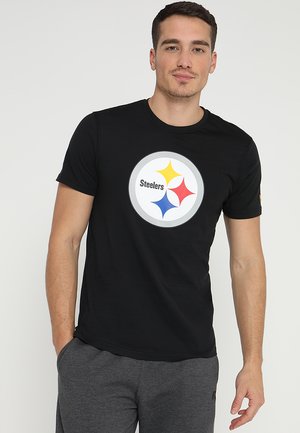 Black cotton t-shirt featuring a circular Pittsburgh Steelers logo with yellow, red, and blue accents at the center. Classic fit and short sleeves.