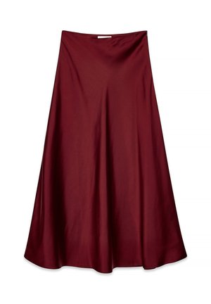 Bordo A-linijska krila iz gladke tkanine, ki se ponaša z obliko, ki tekoče pada, z dolžino do sredine in brez vidnih zaponk ali vzorcev.