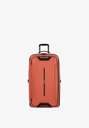 Large, rectangular coral suitcase with black hardware, a telescopic handle, and a vertical zipper closure. Textured surface for durability.