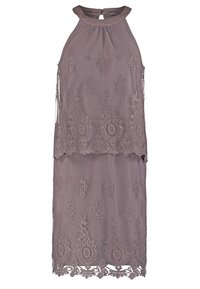 Robe sans manches en dentelle mauve avec col montant, broderie florale, design superposé et ourlet en feston.