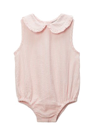 Rompers sans manches rayé rose et blanc avec un col à volants et des ouvertures de jambes élastiquées. Tissu doux, encolure ronde et taille froncée.