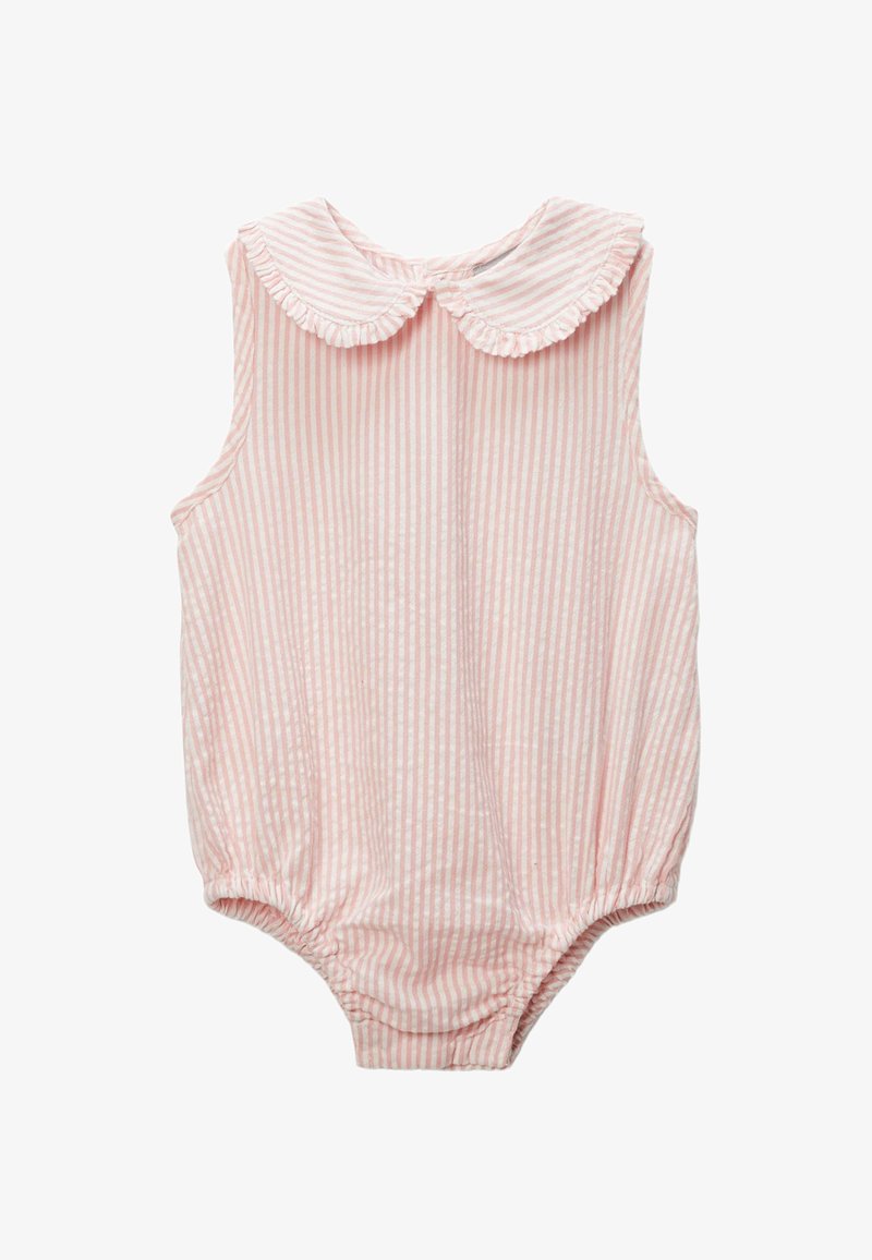 Rompers sans manches rayé rose et blanc avec un col à volants et des ouvertures de jambes élastiquées. Tissu doux, encolure ronde et taille froncée.