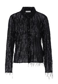 Cămașă neagră cu paiete, cu mâneci lungi, margini franjurate și guler; suprafața texturată prezintă linii verticale de paiete.
