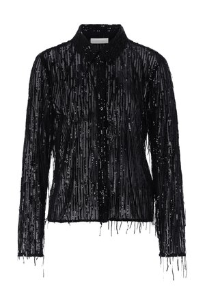 Črna satenasta srajca z dolgimi rokavi, robovi z resicami in ovratnikom; teksturirana površina ima vertikalne črte iz bleščic.