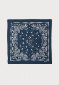 Navy blue bandana with white paisley and floral patterns, featuring intricate borders and a diamond motif at the center. Cotton material.