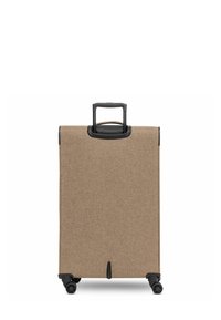 Valigia di tessuto marrone con una finitura texturizzata, maniglia e ruote in plastica dura nera, con un semplice design rettangolare.