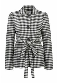 Zwart-wit geblokte jas met een kraag, knoopsluiting en een gestrikt taille. Heeft lange mouwen en twee zakken aan de voorkant.