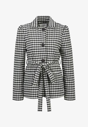 Zwart-wit geblokte jas met een kraag, knoopsluiting en een gestrikt taille. Heeft lange mouwen en twee zakken aan de voorkant.