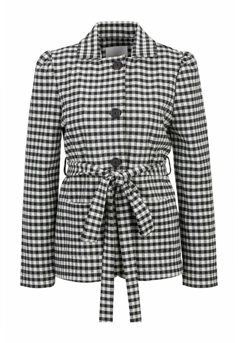 Zwart-wit geblokte jas met een kraag, knoopsluiting en een gestrikt taille. Heeft lange mouwen en twee zakken aan de voorkant.