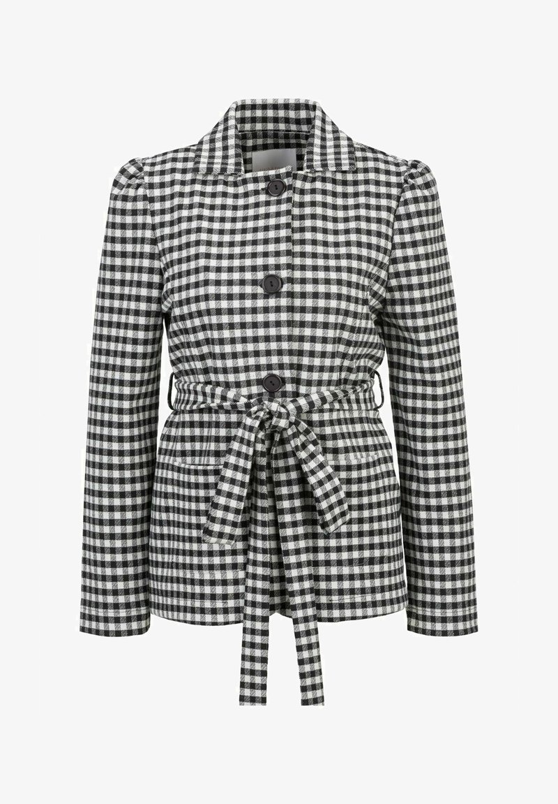 Zwart-wit geblokte jas met een kraag, knoopsluiting en een gestrikt taille. Heeft lange mouwen en twee zakken aan de voorkant.
