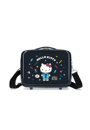 Bolsa rectangular negra con correa de hombro que presenta a Hello Kitty con un atuendo colorido, rodeada de pequeños iconos como teléfono, radio y figuras de destellos.