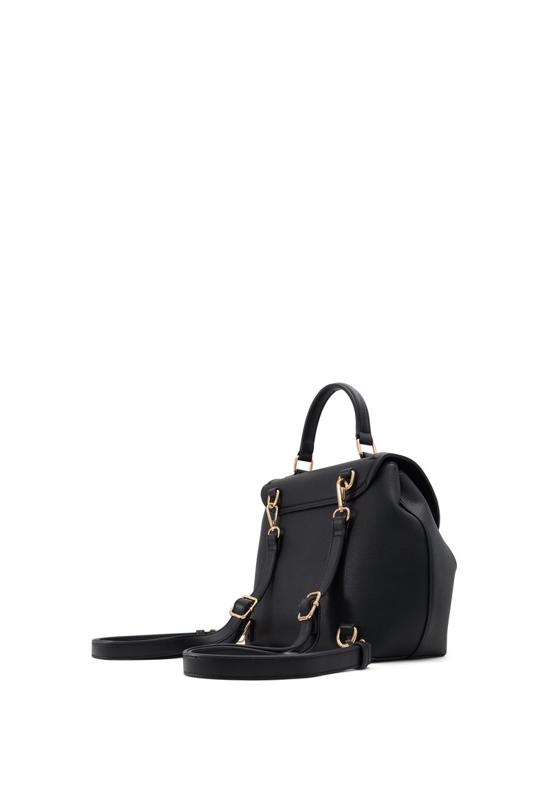 Sac à main en cuir noir au design structuré, présentant des accents en métal doré, des poignées doubles et une bandoulière amovible.