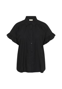Blouse noire à manches courtes boutonnée, avec manches à volants et col pointu, présentée sur fond blanc.
