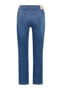 Blaue Jeans aus Denim mit geradem Bein, von hinten gezeigt, mit zwei Gesäßtaschen und sichtbaren Nähten auf weißem Hintergrund.