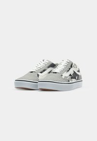 Gray and white patterned canvas sneakers with white laces, a black trim, and a light gray rubber sole.
