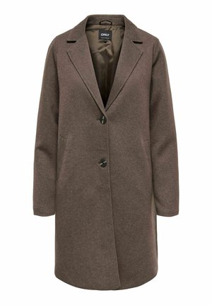 Manteau marron à manches longues avec un col à revers, deux poches avant et deux boutons. Fabriqué en tissu texturé avec une doublure lisse.