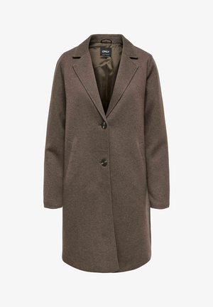 Brauner, langärmeliger Mantel mit Reverskragen, zwei Vordertaschen und zwei Knöpfen. Hergestellt aus einem strukturierten Stoff mit glatter Fütterung.