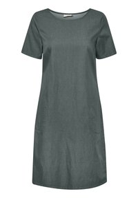 Vestido de manga corta en una tela azul petróleo oscuro, con cuello redondo, corte relajado y dos bolsillos laterales. Textura suave con un detalle mínimo.