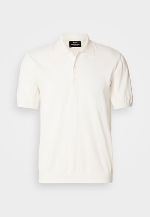 Polo tričko s krátkym rukávom v off-white bavlne, s klasickým golierom a zapínaním na tri gombíky, s hladkým a jemným povrchom.