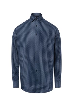Dark blue long-sleeve button-up shirt with small circular geometric pattern and pointed collar, displayed on plain white background.