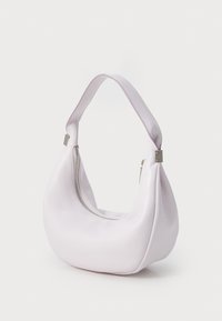 Soft pink faux leather handbag with a curved silhouette, zip closure, and a wide strap; features subtle contrasting trim detail.
