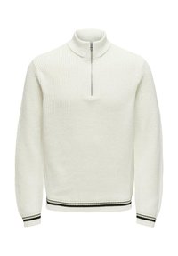 Suéter blanco de punto con cuello alzado con cremallera y textura acanalada. Presenta detalles en negro y blanco en el dobladillo y en los puños.