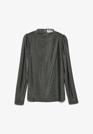 Long-sleeve metallic gray top with slight puff shoulders and a high neckline, laid flat on a white background.