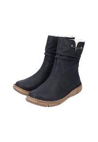 Black leather ankle boots with a slouched design, rubber sole, and stitched detailing. Features a decorative metal accent at the cuff.