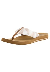 Kerge flip-flop sandaal, millel on kaardus pruuni kummist tallad. Omab tekstuuriga valget ja beeži rihma mugavuseks ja toe pakkumiseks.