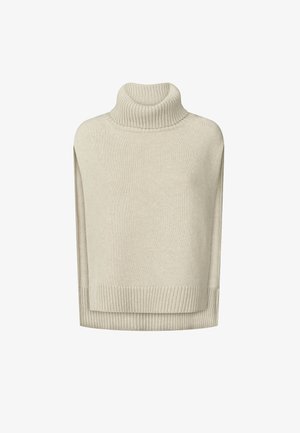 Bež pleteni brezrokavnik z visokim ovratnikom, rebrastim ovratnikom, robom in stranskimi razporki, zasnovan za večplastno nošnjo.