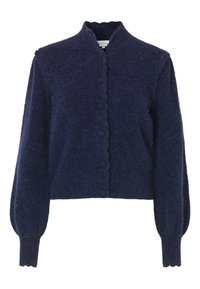Dunkelblauer Wollcardigan mit gewelltem Kragen, langen Puffärmeln und Knopfleiste. Strukturierte Oberfläche mit kurzer Passform.